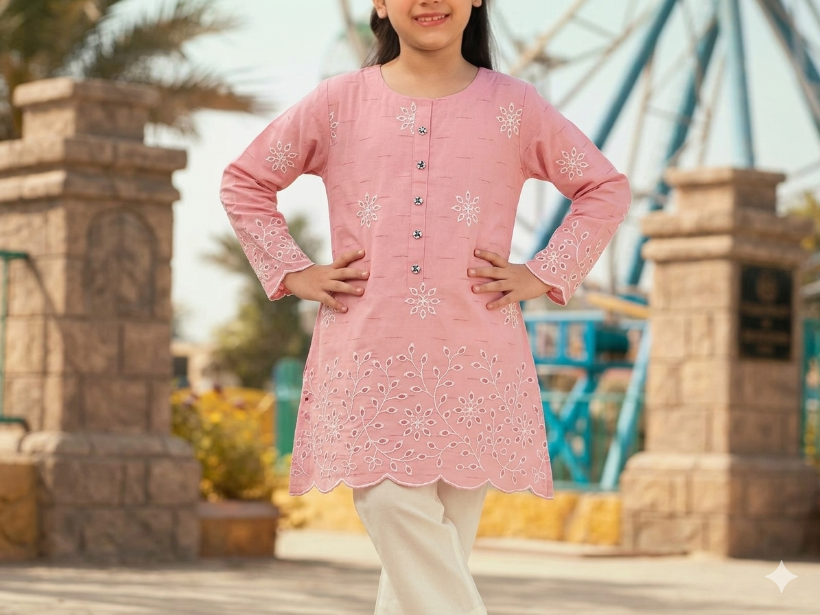 GIRLS LAWN STUFF T-SHIRT / TOP - H/S CHARACTER - PINK - SEMI EMBRIODERY