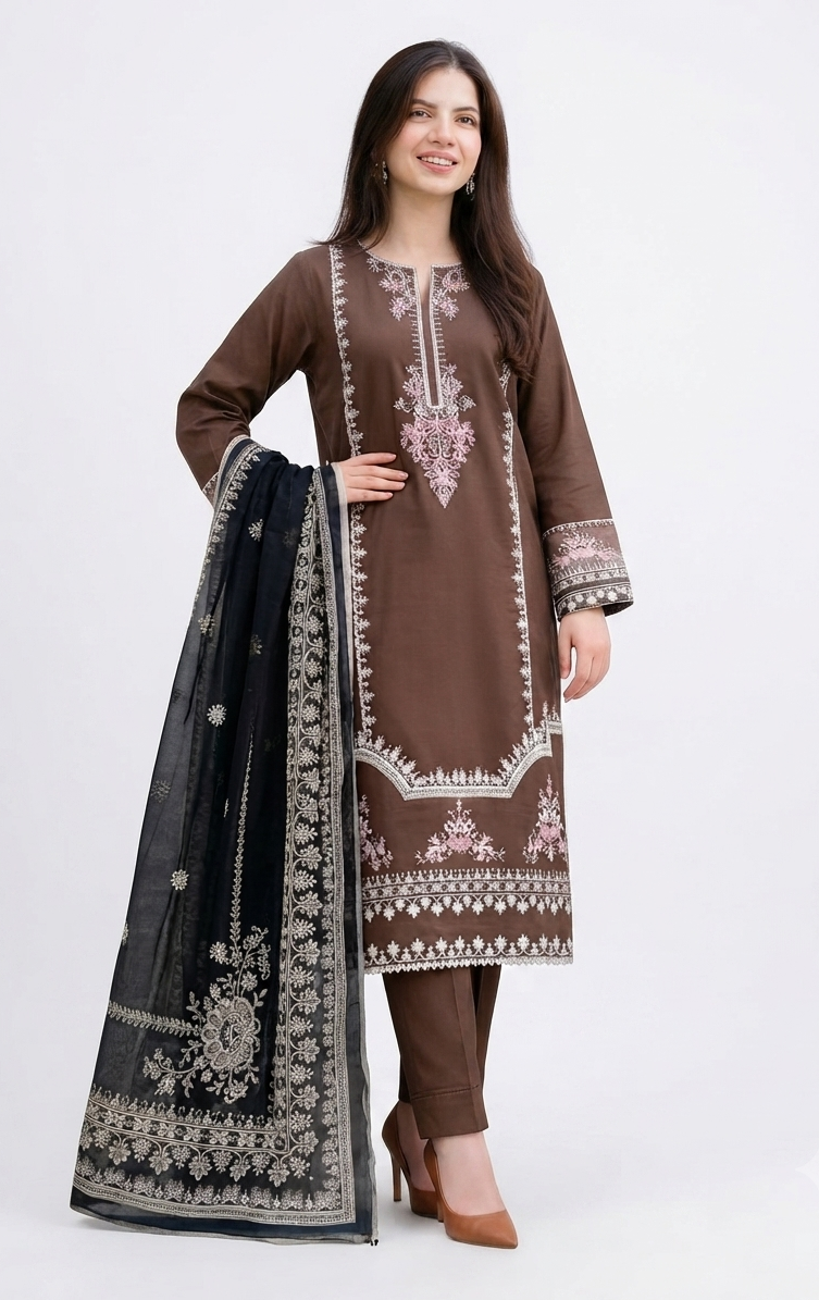 EMBROIDERY | STITCHED 3-PIECE | BROWN COTTON SUIT