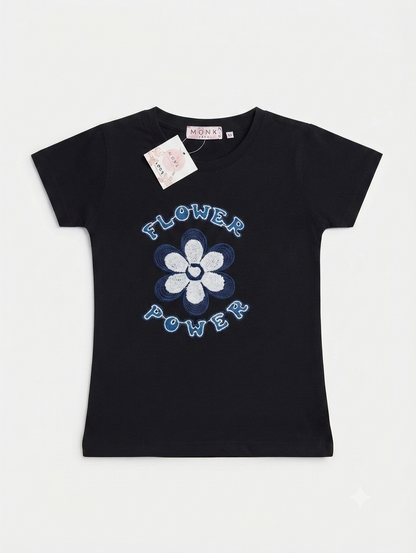 GIRLS CHINA STUFF T-SHIRT H/S CHARACTER- BLACK FLOWER