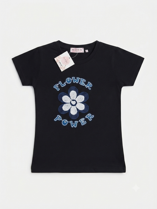 GIRLS CHINA STUFF T-SHIRT H/S CHARACTER- BLACK FLOWER