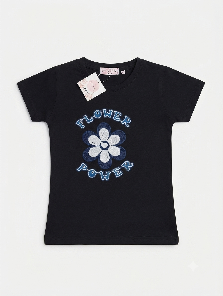 GIRLS CHINA STUFF T-SHIRT H/S CHARACTER- BLACK FLOWER