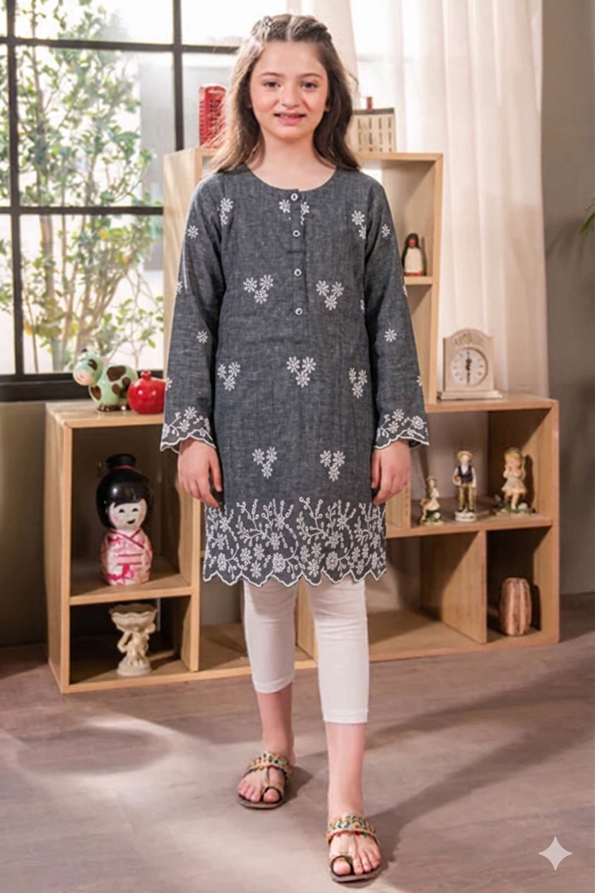 GIRLS LAWN STUFF T-SHIRT H/S CHARACTER - GRAY - SEMI EMBRIODERY