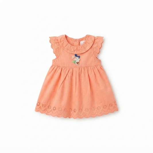 INFANT GIRLS LAWN FANCY FROCK-LASER CUT WORK - ORANGE