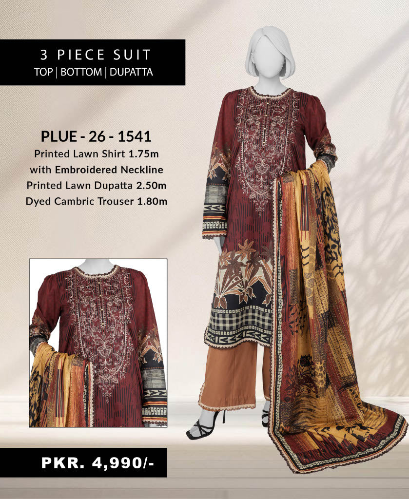 3PC J. Un-stitched Lawn Embroidered Suit | PLUE-26-1541