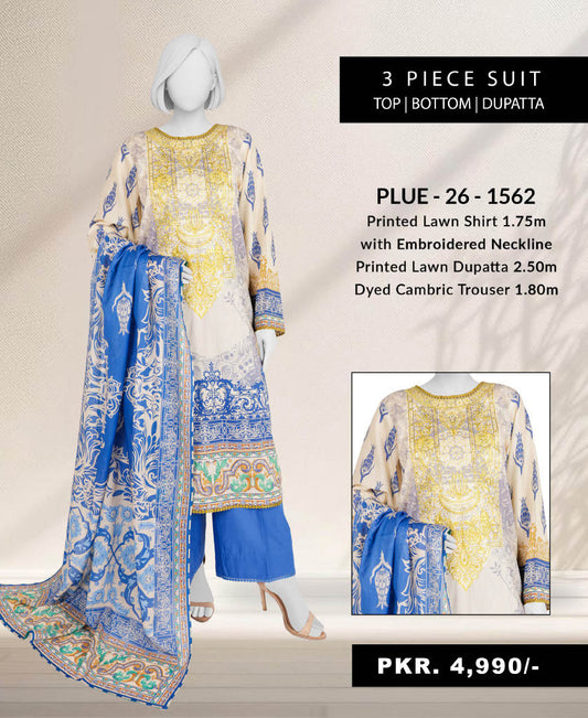 3PC J. Un-stitched Lawn Embroidered Suit | PLUE-26-1562