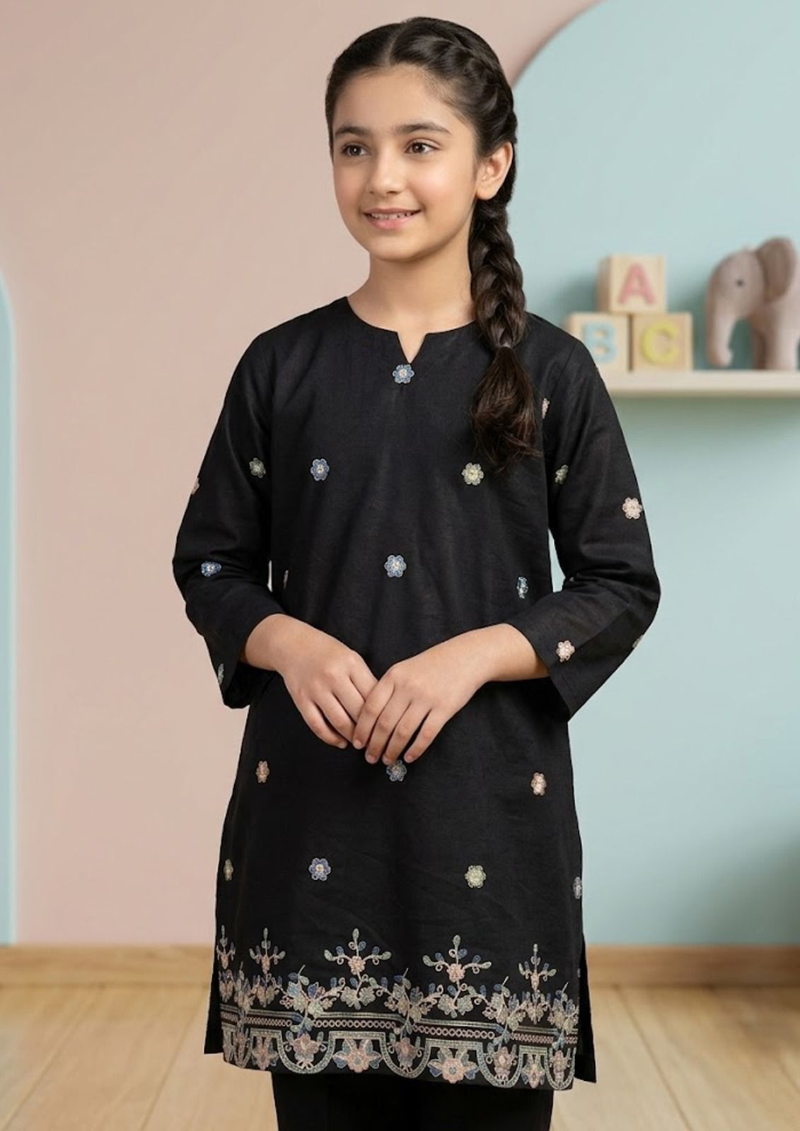 GIRLS COTTON STUFF T-SHIRT / KURTI - H/S CHARACTER- SEMI EMBRIODERY
