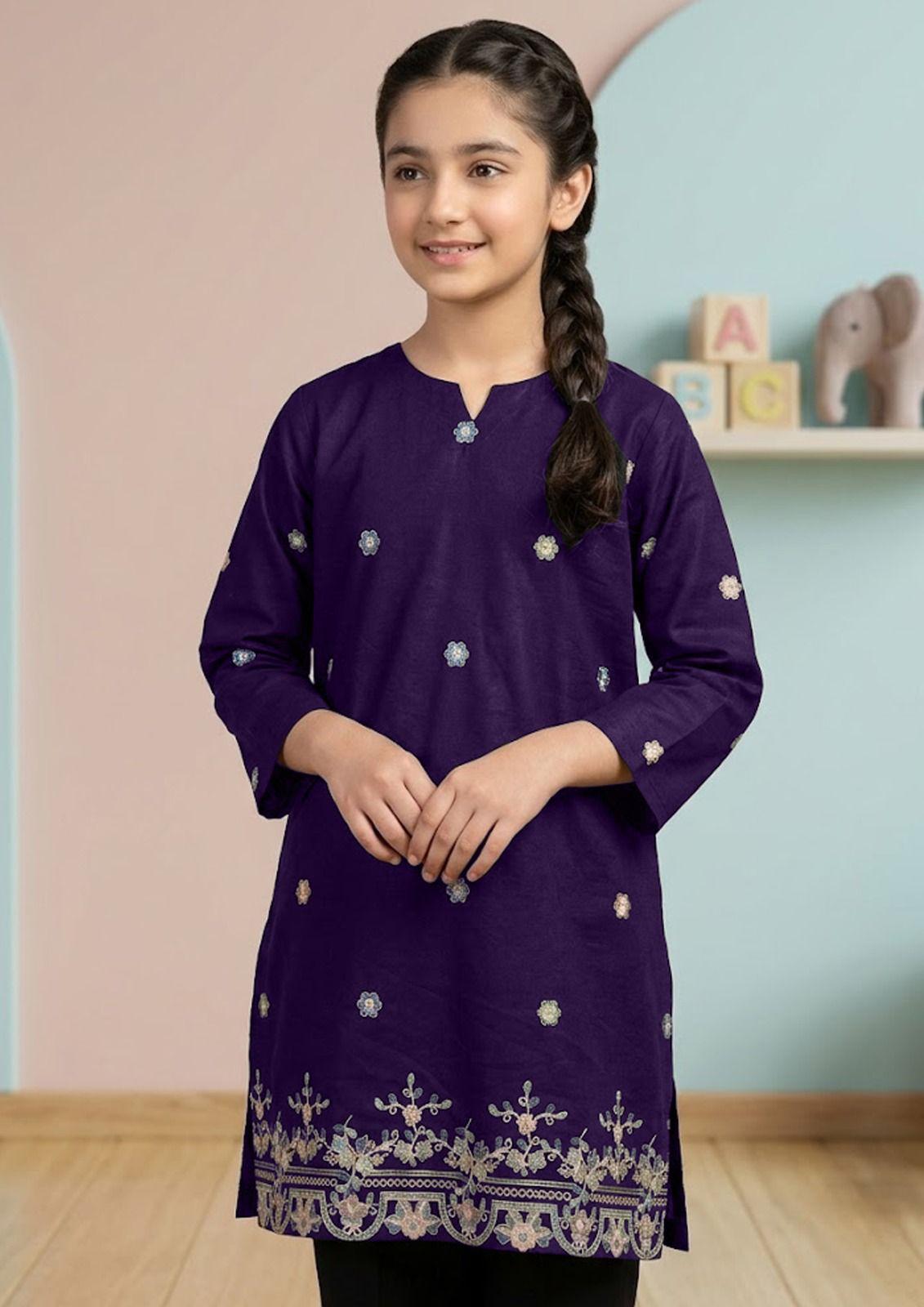 GIRLS COTTON STUFF T-SHIRT / KURTI - H/S CHARACTER- SEMI EMBRIODERY